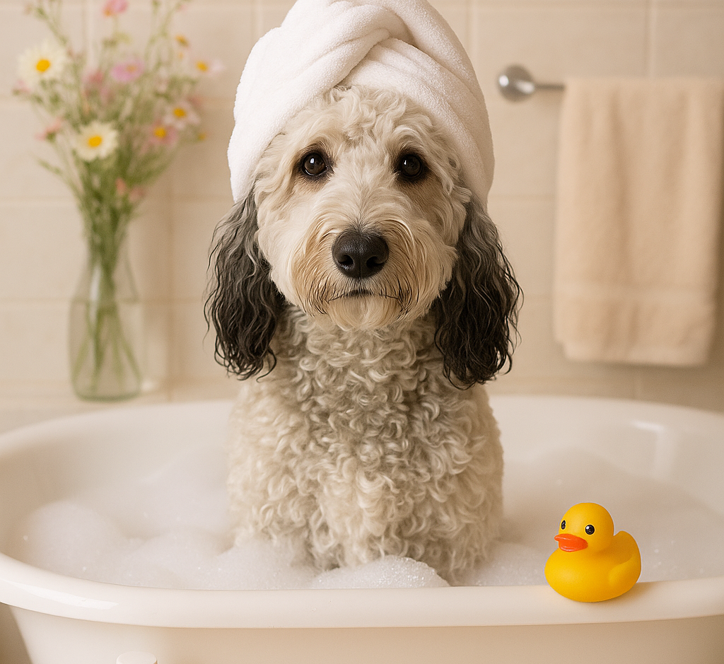 Goldendoodle in the Tub