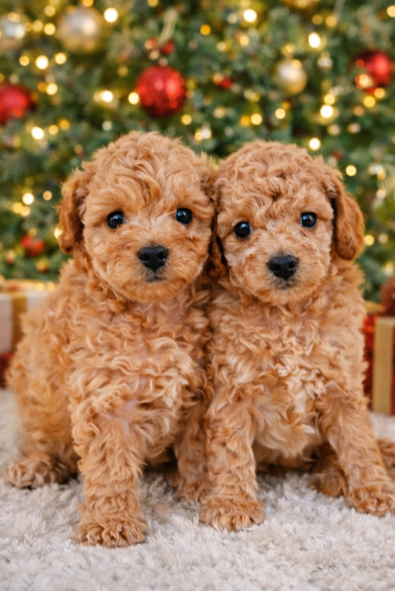 Goldendoodle Puppies next to the Christmas Tree