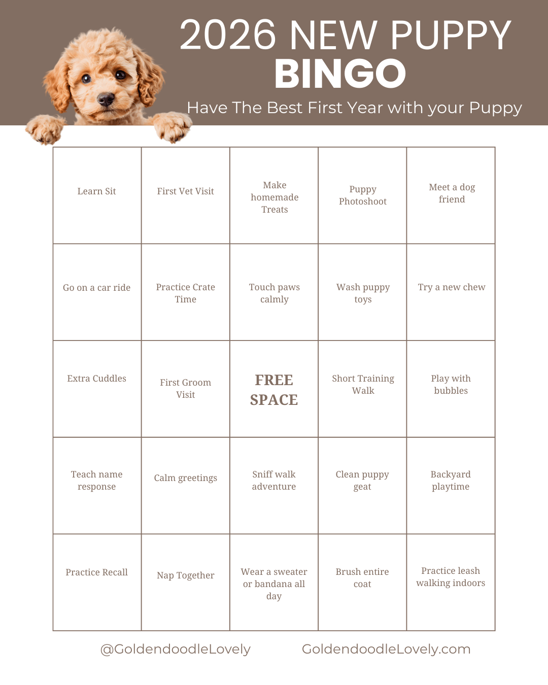 Free Printable Bingo Card - Activities to do with your new Puppy